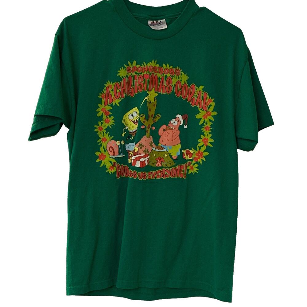 Vintage SpongeBob Christmas Coral Shirt Mens Medium Hanes Green Graphic Tee
